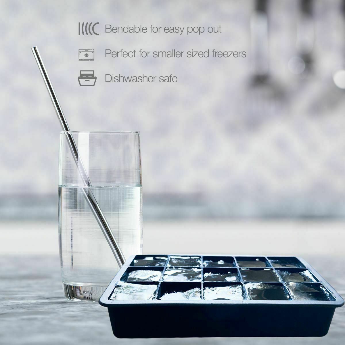 Kitcheniva Ice Cube Tray Silicone Water 15 Cube Flexible