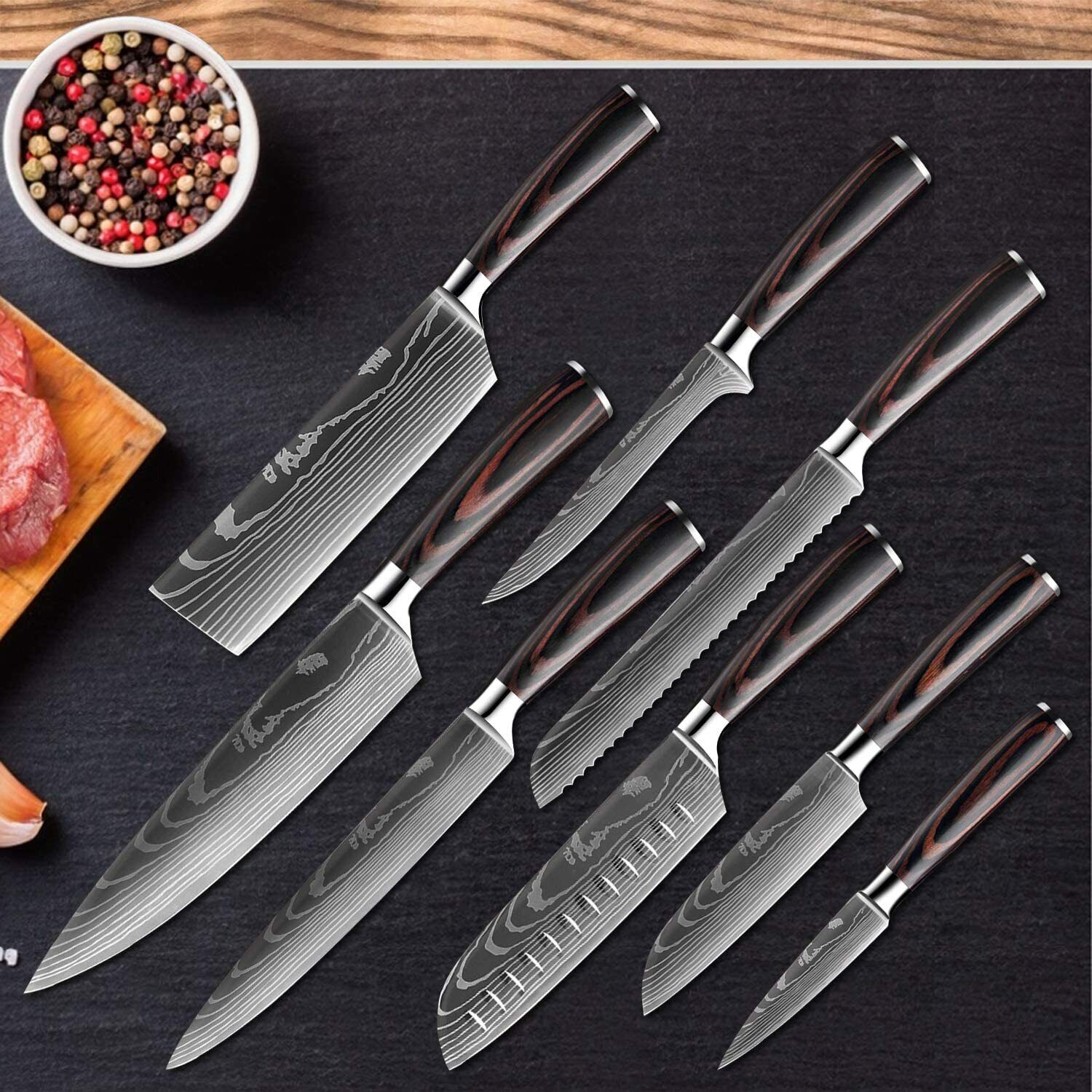 Kitcheniva 10-Pcs Stainless Steel Damascus Kitchen Knives Set with Holder and Sharpener