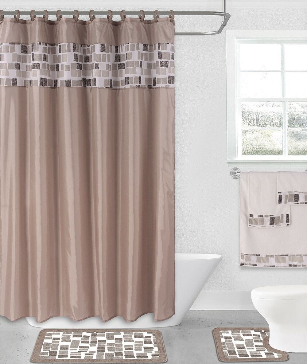 Windowtreatment 4-Piece Set Bathroom Bath Mat Rug Shower Curtain 2-Tone