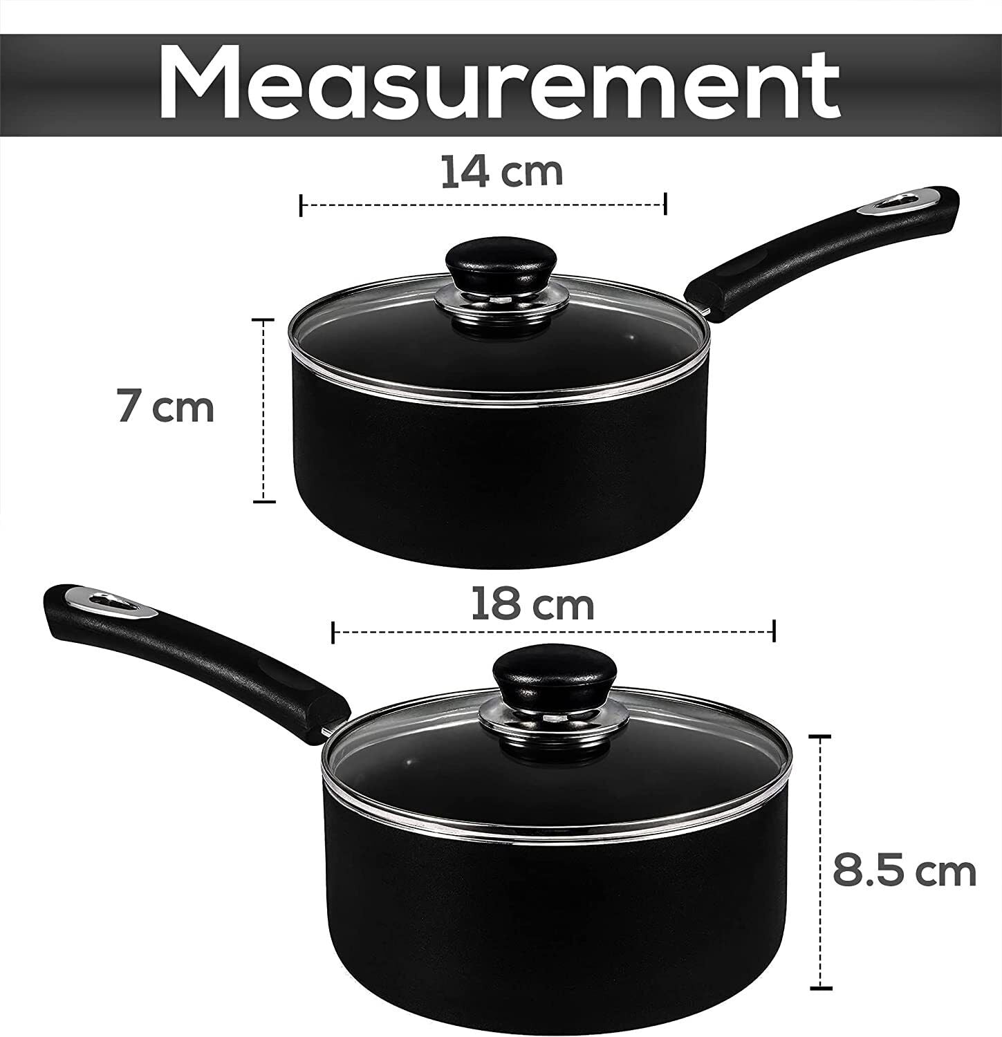 Kitcheniva Nonstick Cookware Saucepan with Glass Lid, Black (Set of 2)