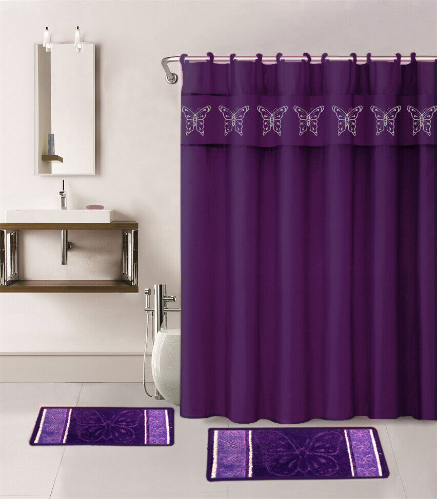 Windowtreatment 4-Piece Set Bathroom Bath Mat Rug Shower Curtain 2-Tone