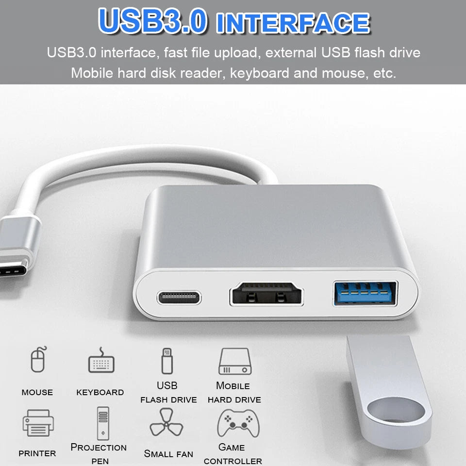 Kitcheniva Type C USB 3.1 to USB-C 4K HDMI USB 3.0 Adapter Cable 3 in 1 Hub For Macbook Pro