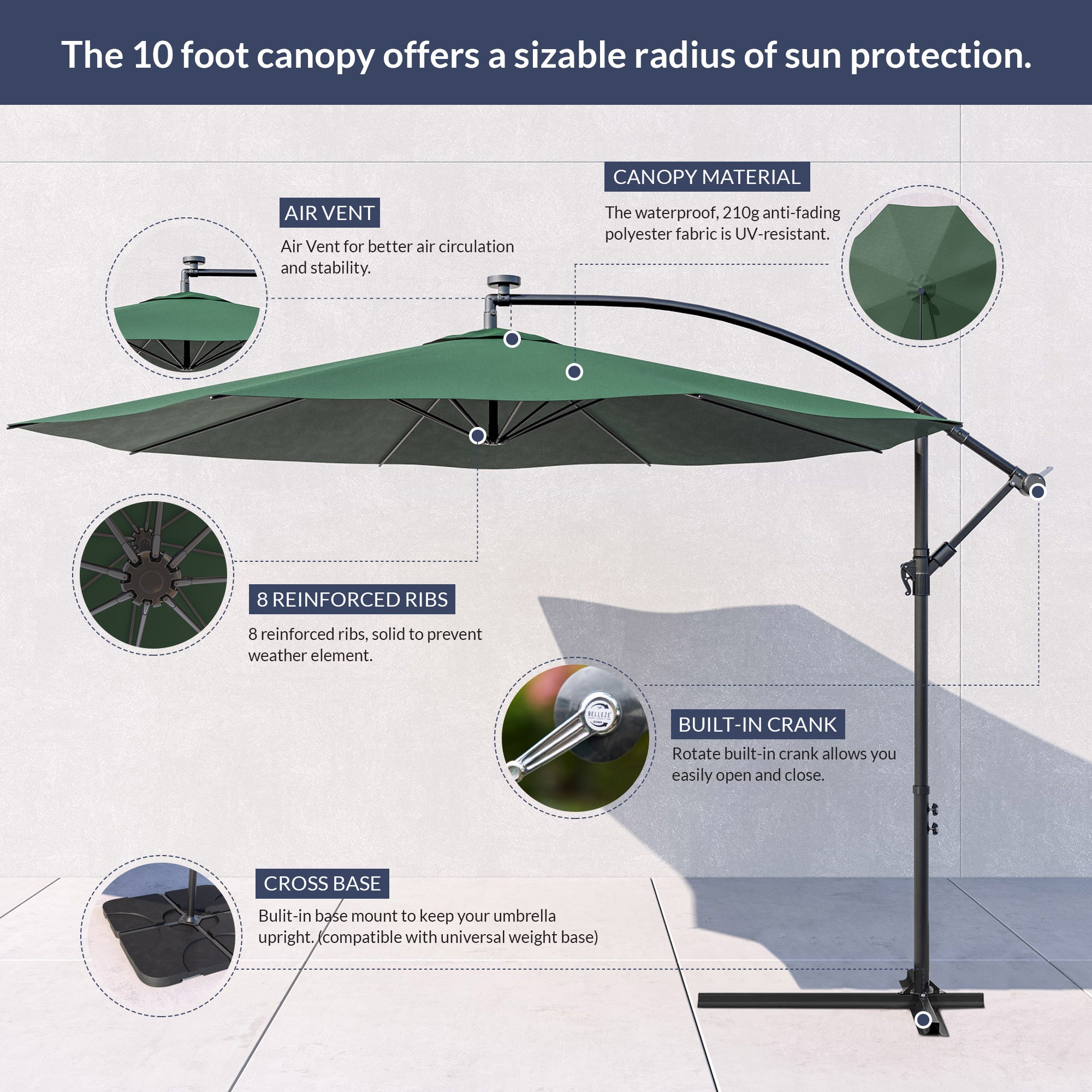 Outdoor 10FT Hanging Patio Umbrella Sun Shade