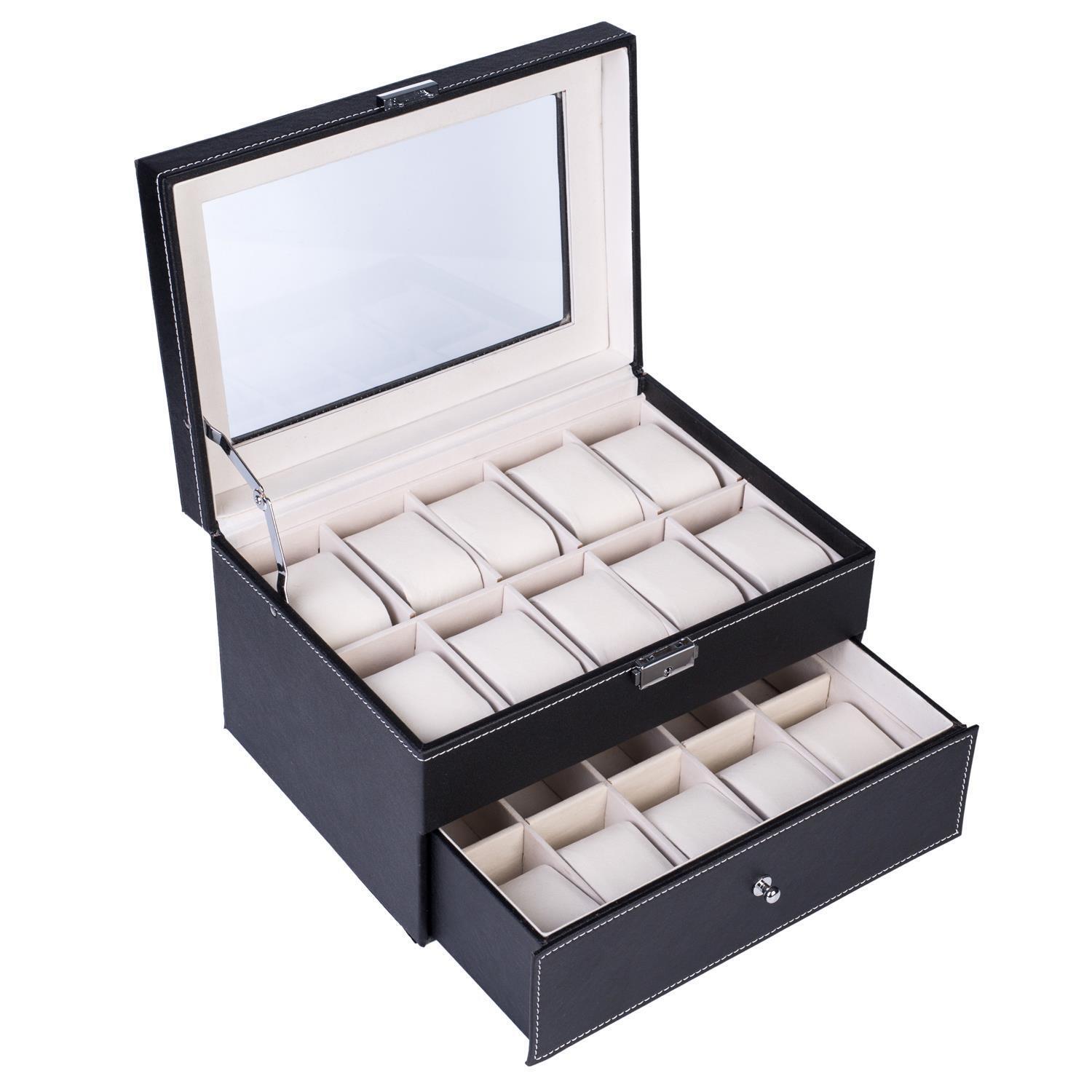 Kitcheniva 20 Slot PU Leather Watch Box Display Metal Glass Large Storage