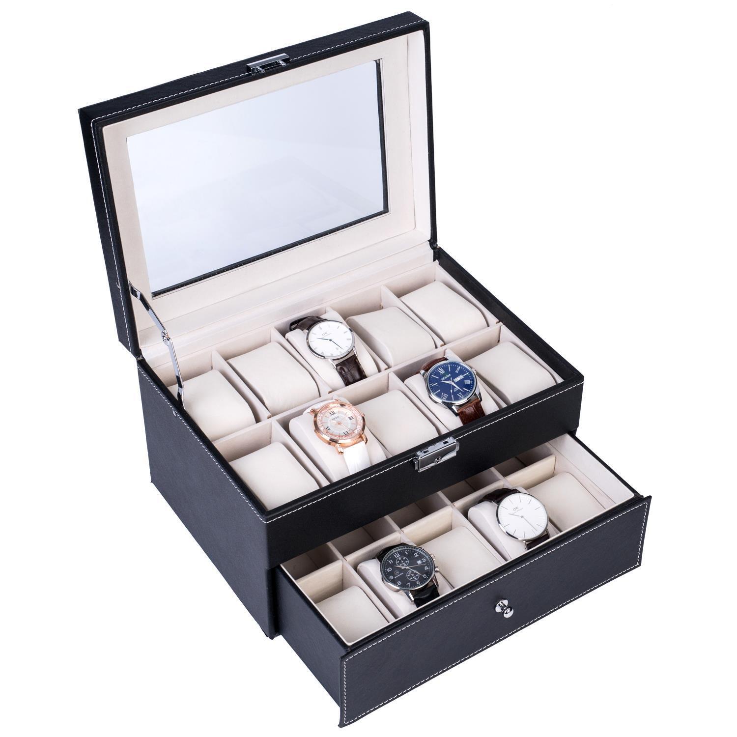 Kitcheniva 20 Slot PU Leather Watch Box Display Metal Glass Large Storage