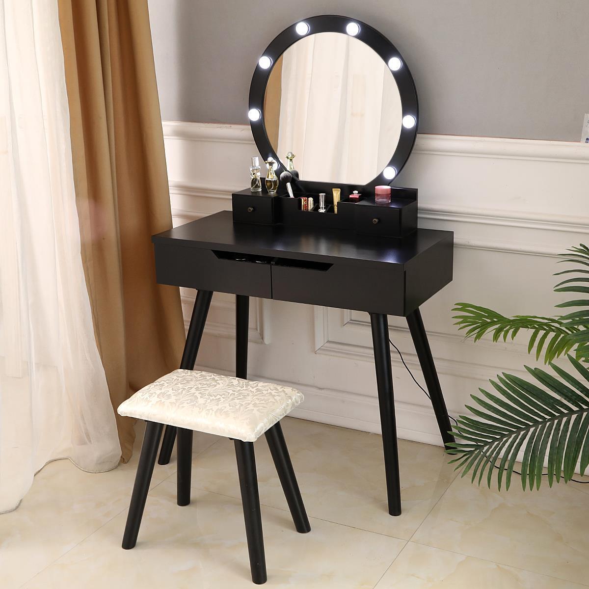 Kitcheniva Makeup Vanity Table Set with Round Mirror Stool & 4 Drawers