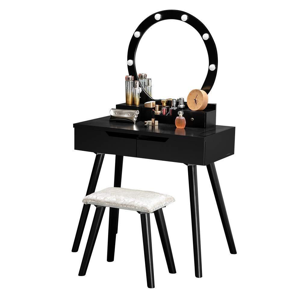 Kitcheniva Makeup Vanity Table Set with Round Mirror Stool & 4 Drawers