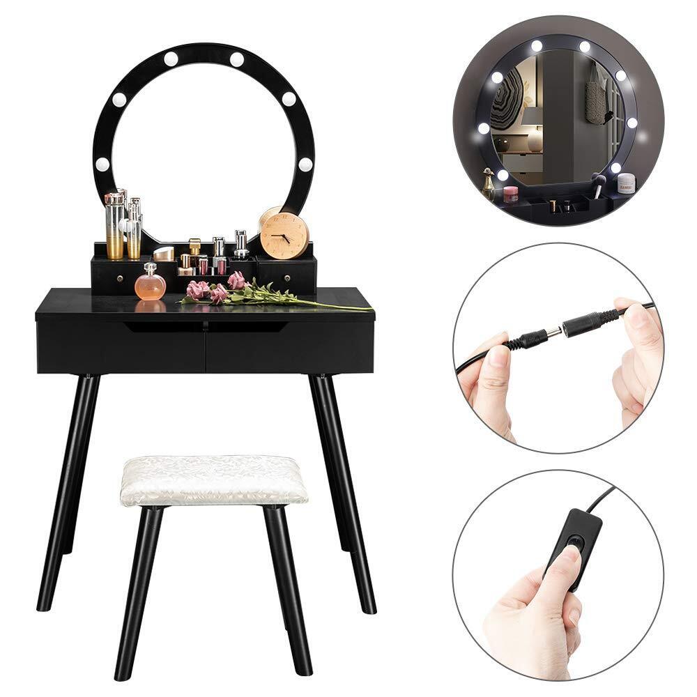 Kitcheniva Makeup Vanity Table Set with Round Mirror Stool & 4 Drawers