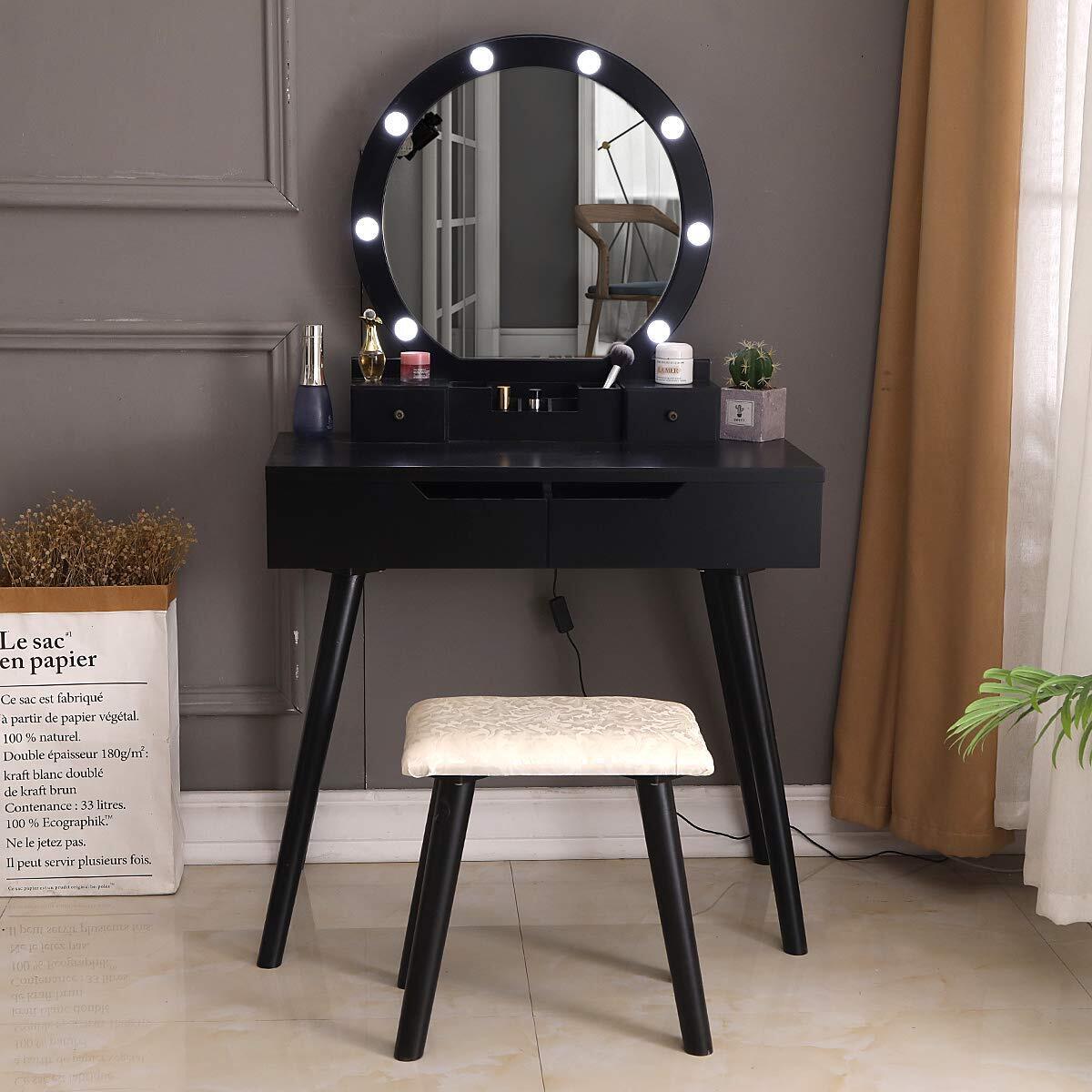 Kitcheniva Makeup Vanity Table Set with Round Mirror Stool & 4 Drawers