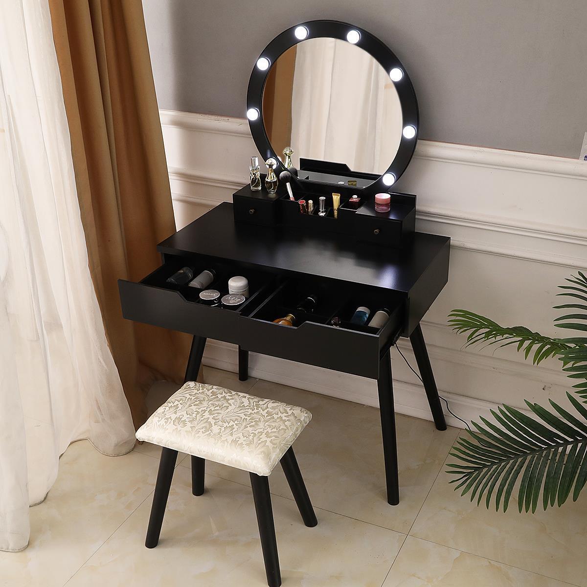 Kitcheniva Makeup Vanity Table Set with Round Mirror Stool & 4 Drawers