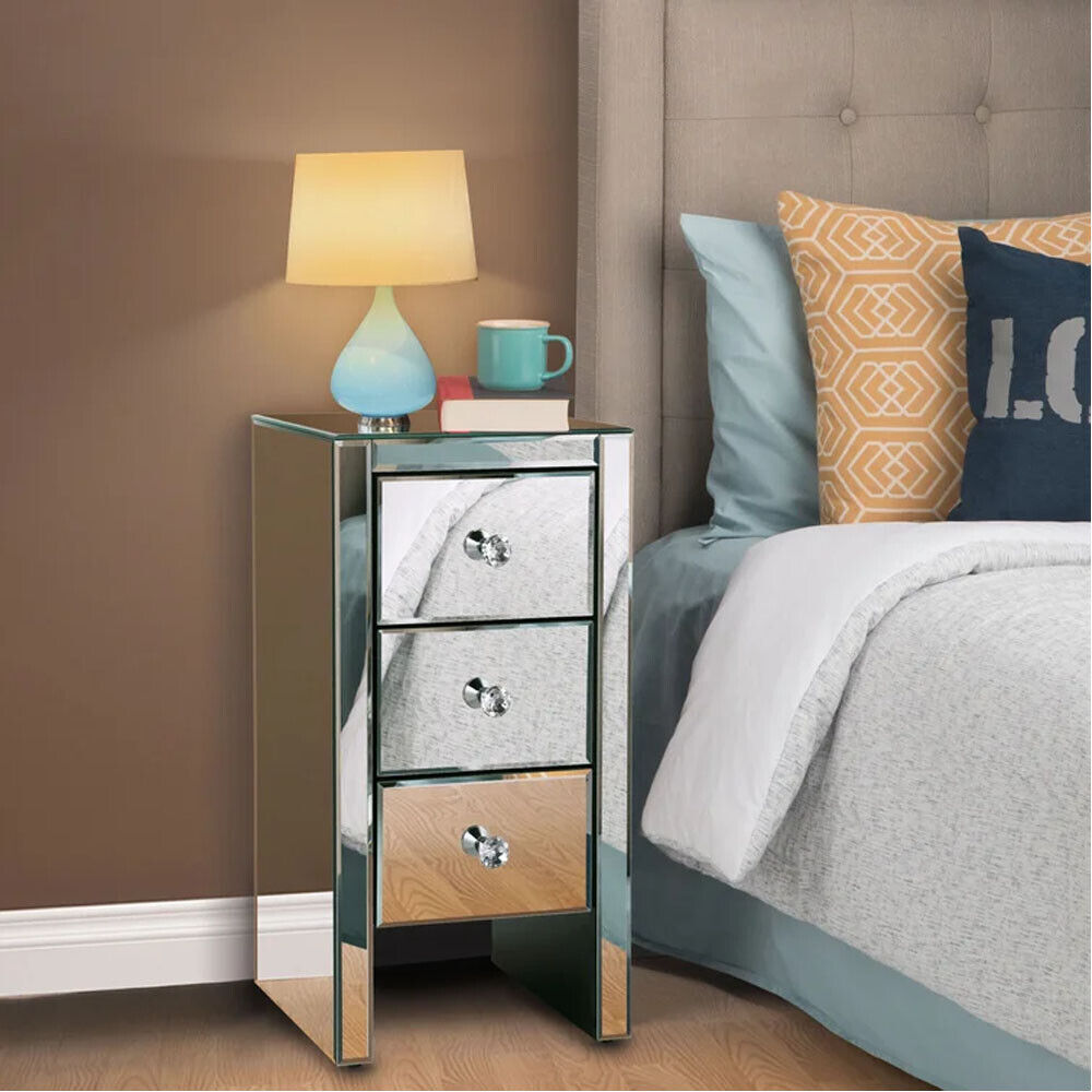 Kitcheniva Mirrored Nightstand Crystal End Table with 3-Drawers Accent Bedroom