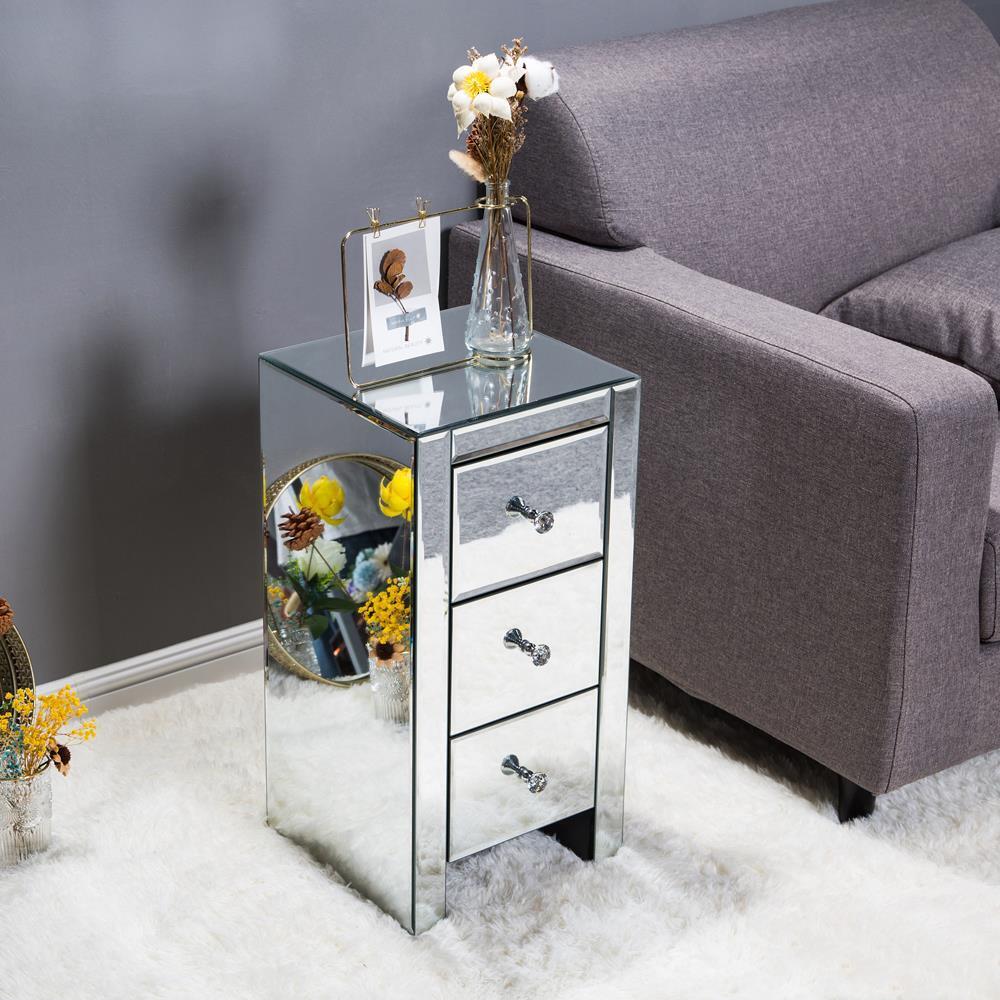 Kitcheniva Mirrored Nightstand Crystal End Table with 3-Drawers Accent Bedroom