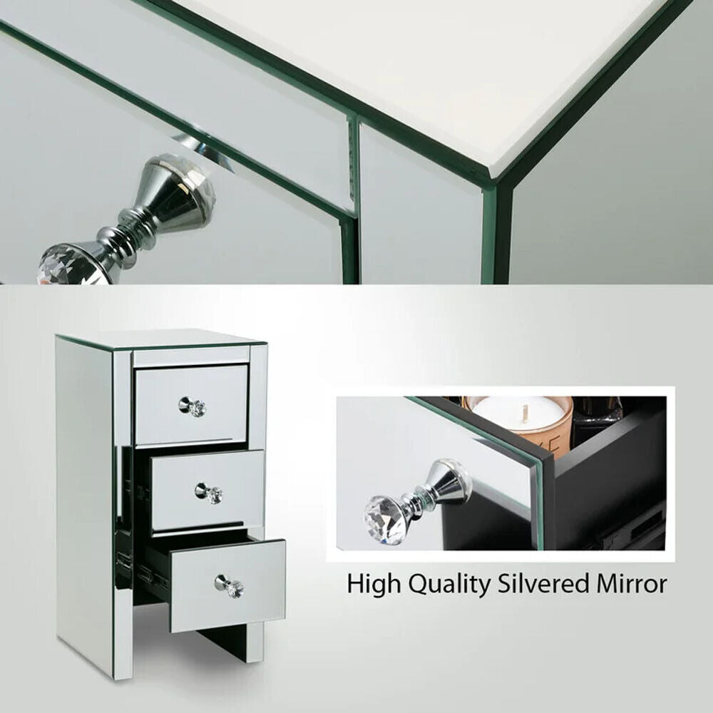 Kitcheniva Mirrored Nightstand Crystal End Table with 3-Drawers Accent Bedroom