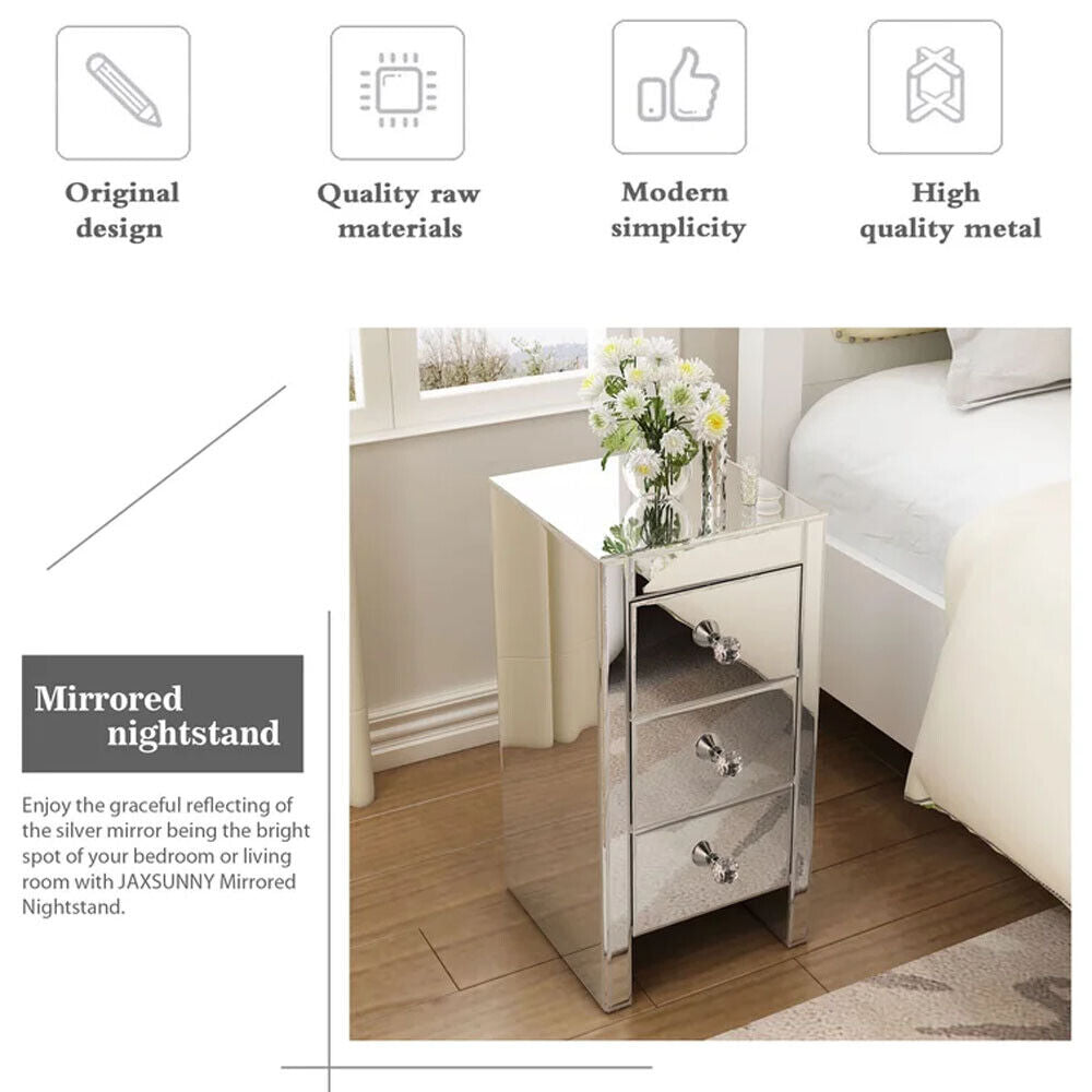 Kitcheniva Mirrored Nightstand Crystal End Table with 3-Drawers Accent Bedroom