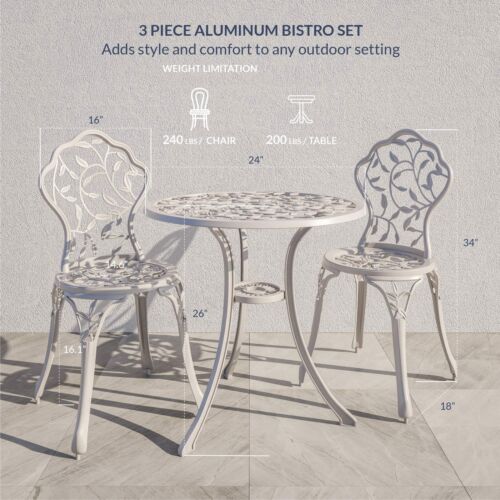 White Aluminum Cast 3 PC Bistro Outdoor Chairs Set