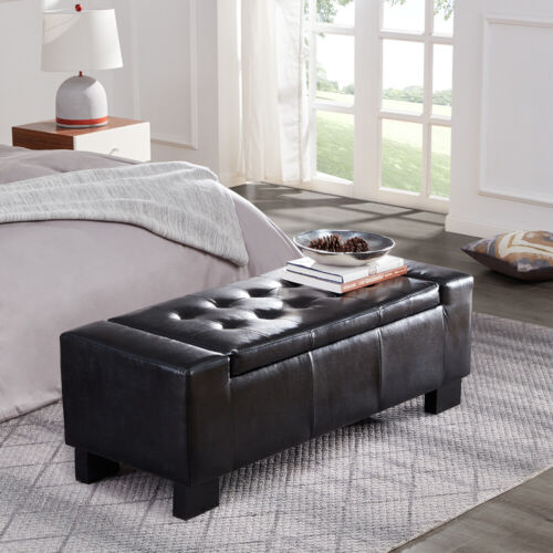 Elegant Black Faux Leather Large Storage Ottoman Bench