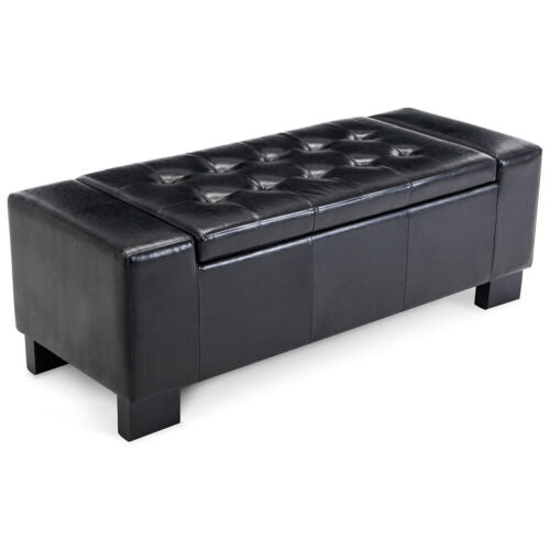 Elegant Black Faux Leather Large Storage Ottoman Bench