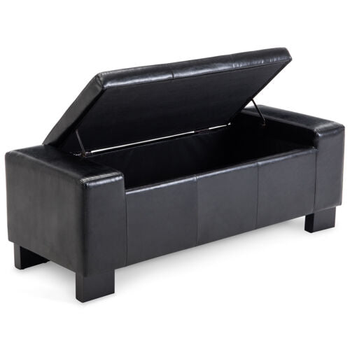 Elegant Black Faux Leather Large Storage Ottoman Bench