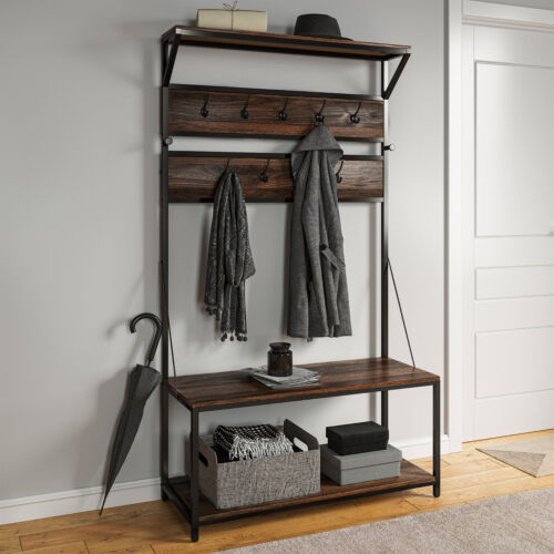 Industrial Entryway 4-In-1 Hall Tree Wood Coat